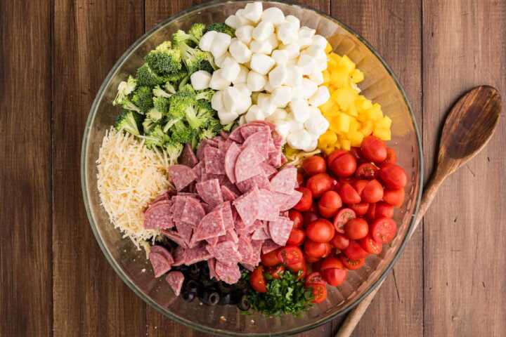 pasta salad ingredients in bowl
