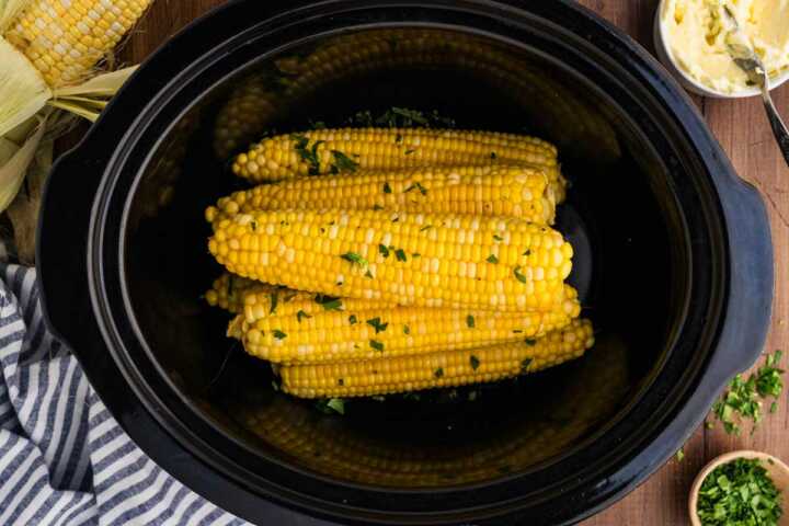 cooked corn cobs in crock