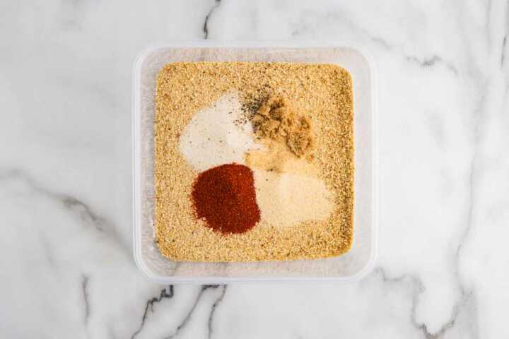 shake and bake pork chops mixture in container