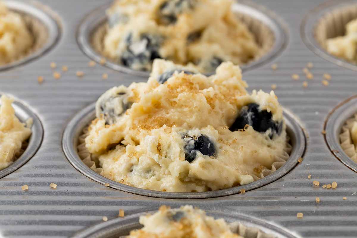 unbaked blueberry muffin in pan