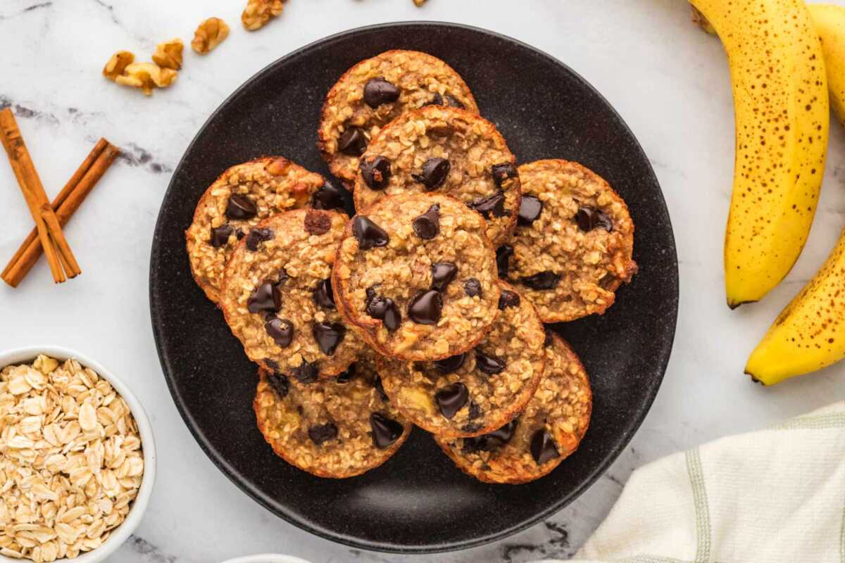 banana chocolate chip baked oatmeal cups on plate
