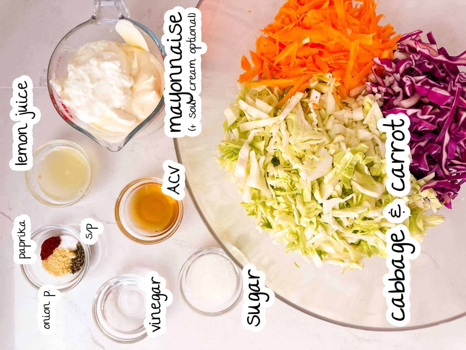 ingredients for coleslaw with text labels