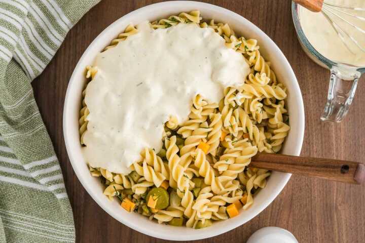 dill pickle pasta salad with dressing added