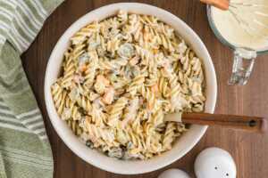 dill pickle pasta salad being served