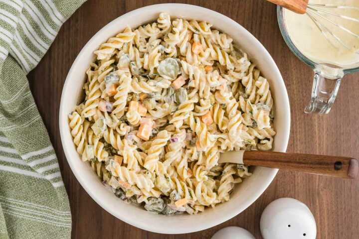 dill pickle pasta salad being served