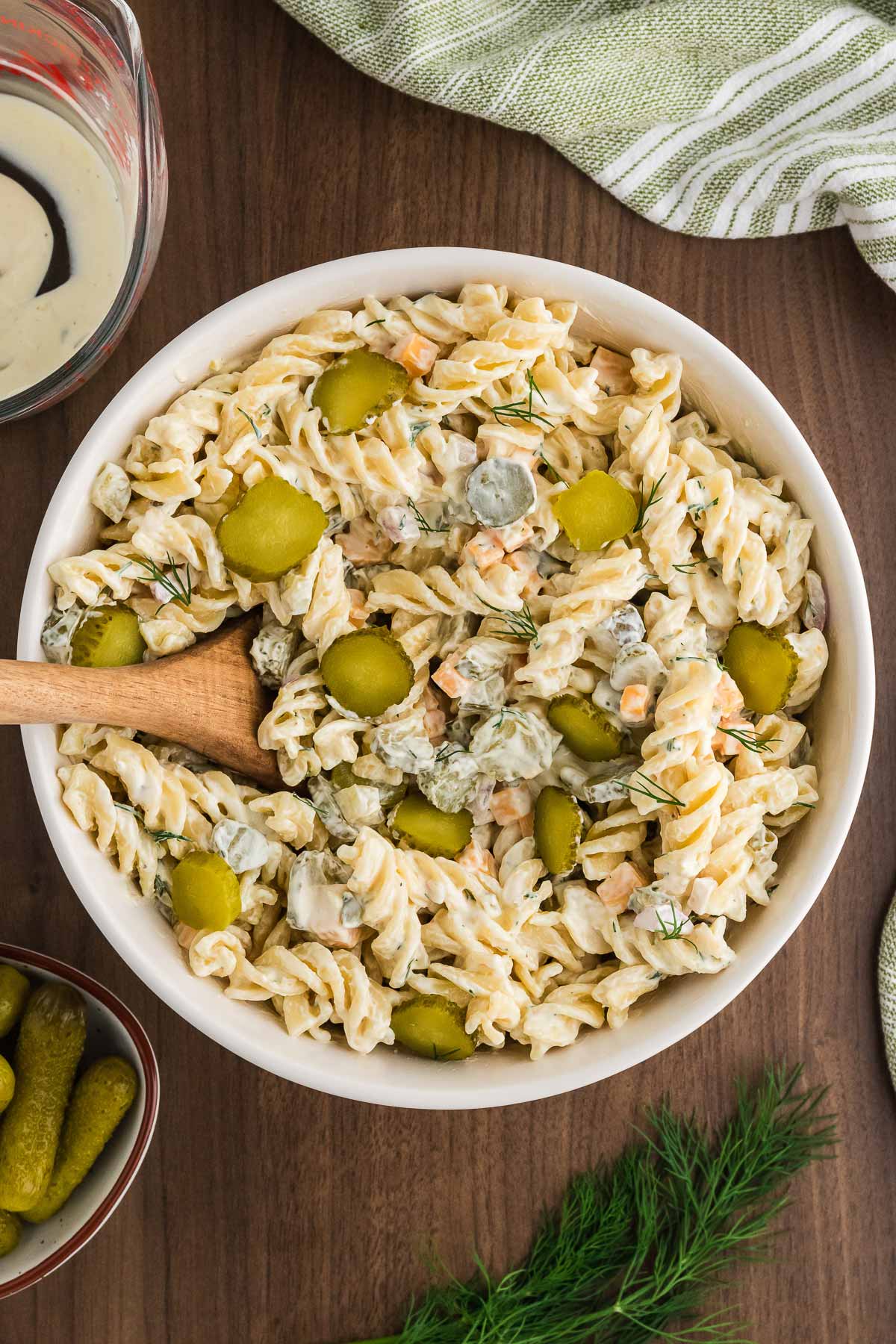 dill pickle pasta salad in bowl
