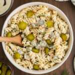 dill pickle pasta salad in bowl