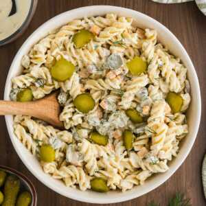 dill pickle pasta salad in bowl