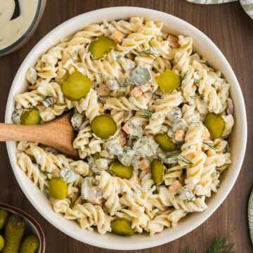 dill pickle pasta salad in bowl