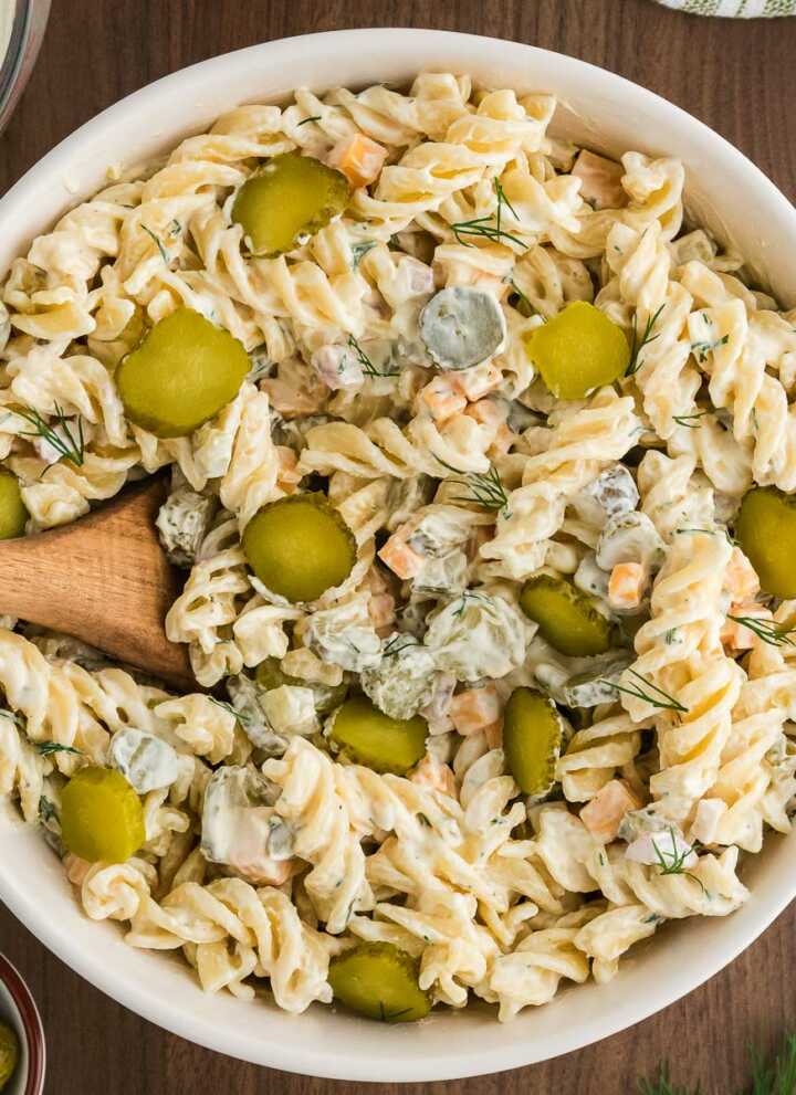 dill pickle pasta salad in bowl