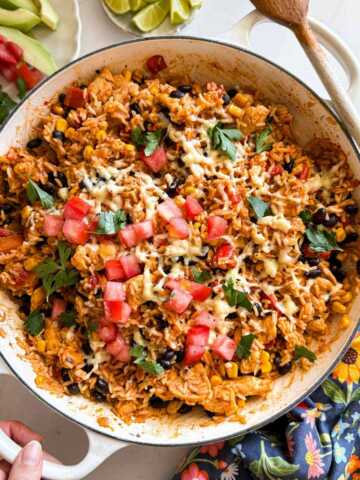overhead view of Mexican chicken and rice in a skillet
