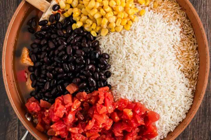 ingredients for mexican chicken and rice in skillet