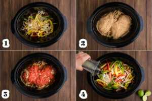 step by step process for assembling slow cooker chicken fajitas