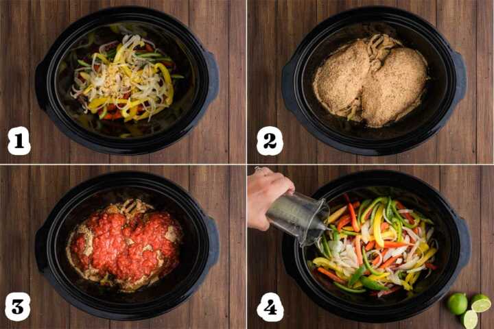 step by step process for assembling slow cooker chicken fajitas