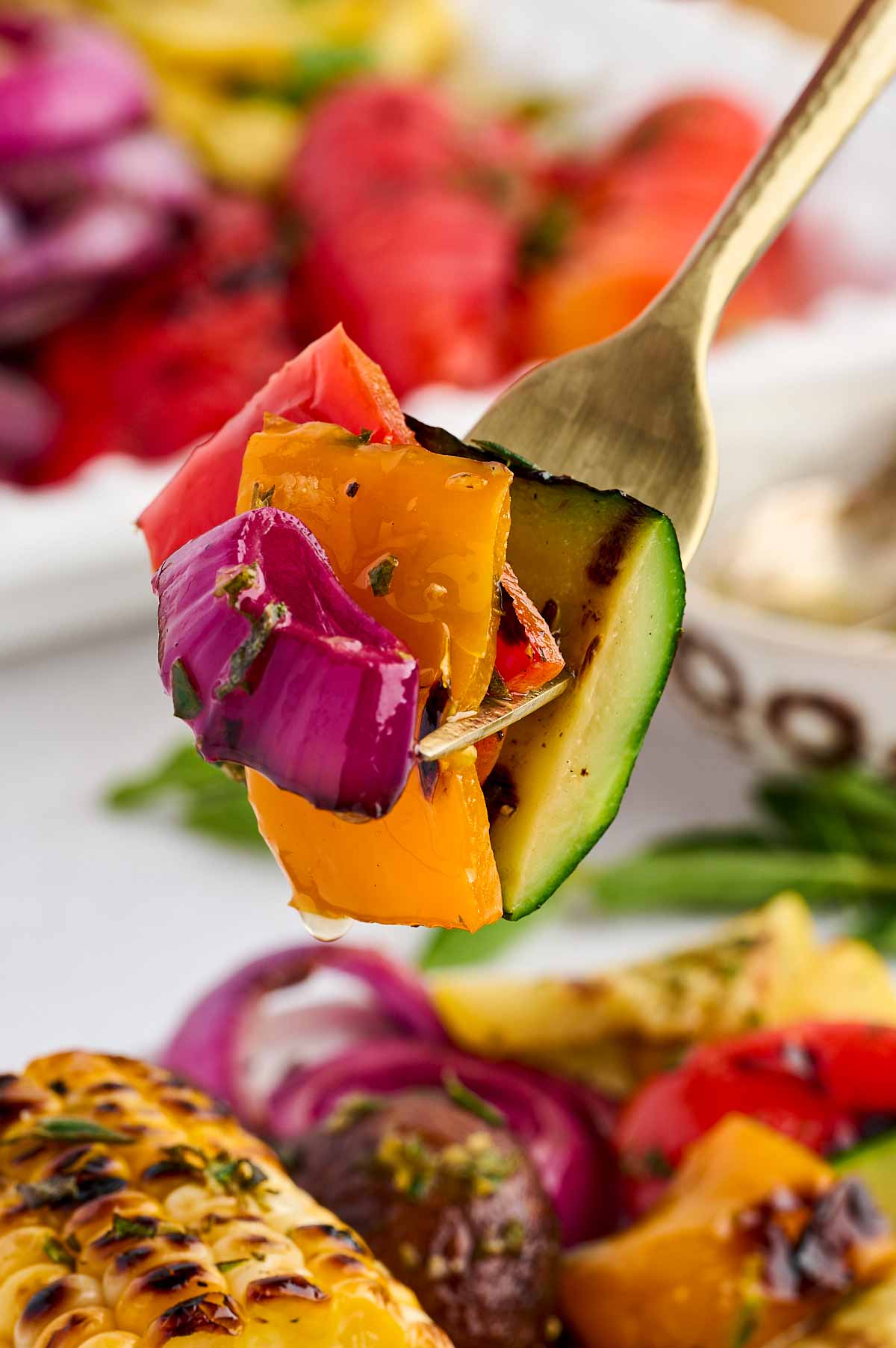 forkful of grilled vegetables