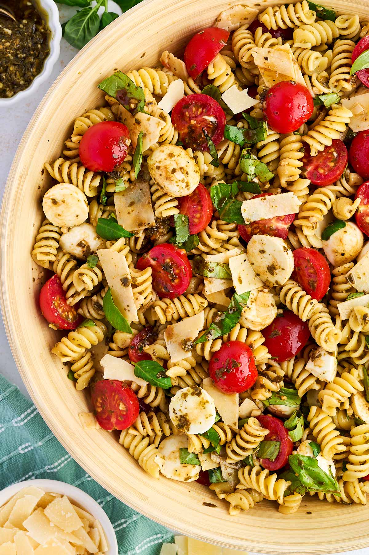 overhead view of pesto pasta salad in a bowl