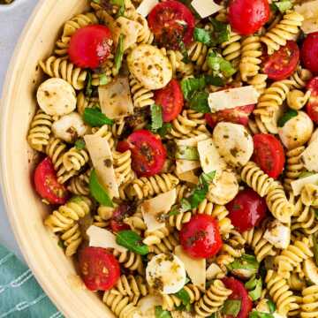 overhead view of pesto pasta salad in a bowl
