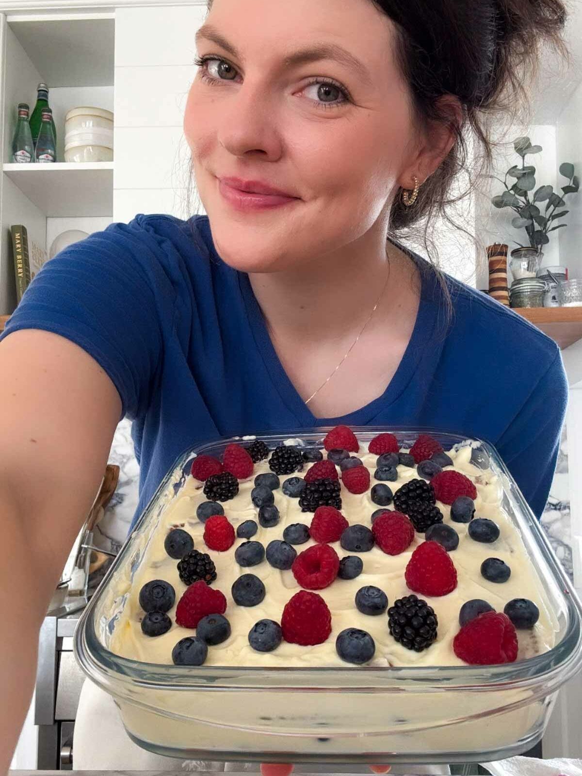 showing icebox cake in glass pan