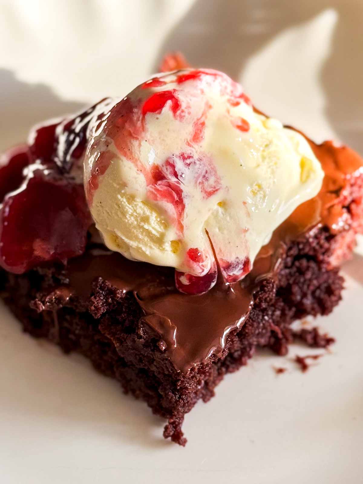 close up photo of Black Forest brownie sundae