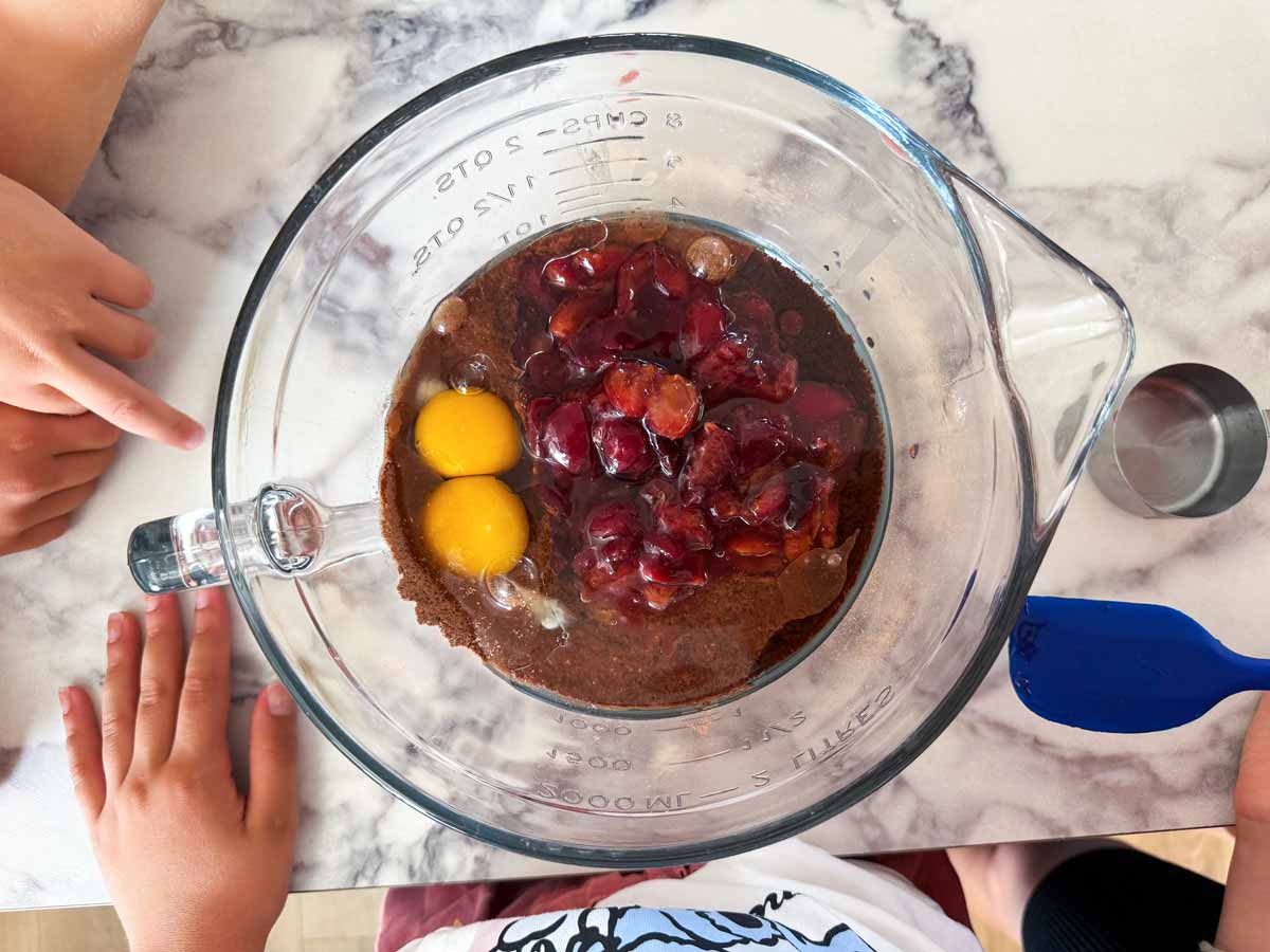 ingredients for Black Forest brownies in bowl