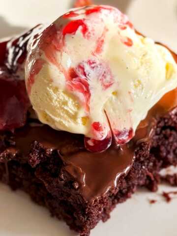 close up photo of Black Forest brownie sundae