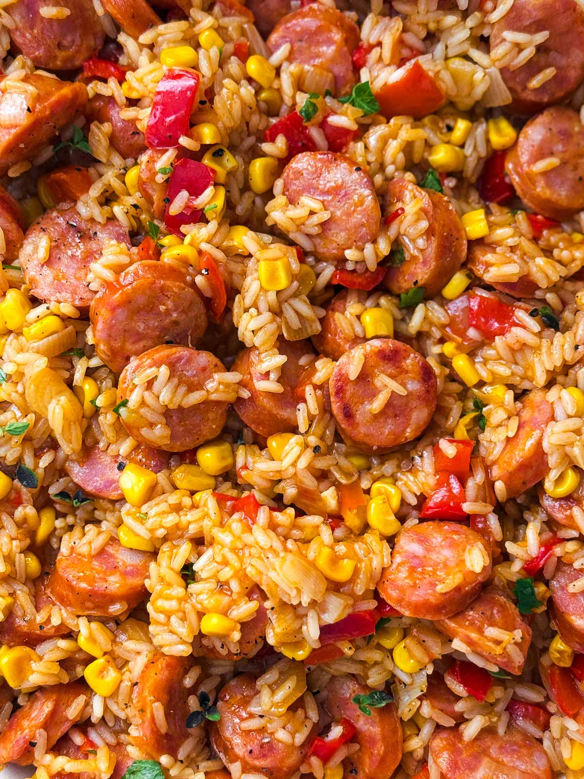 close up photo of rice and sausage skillet meal
