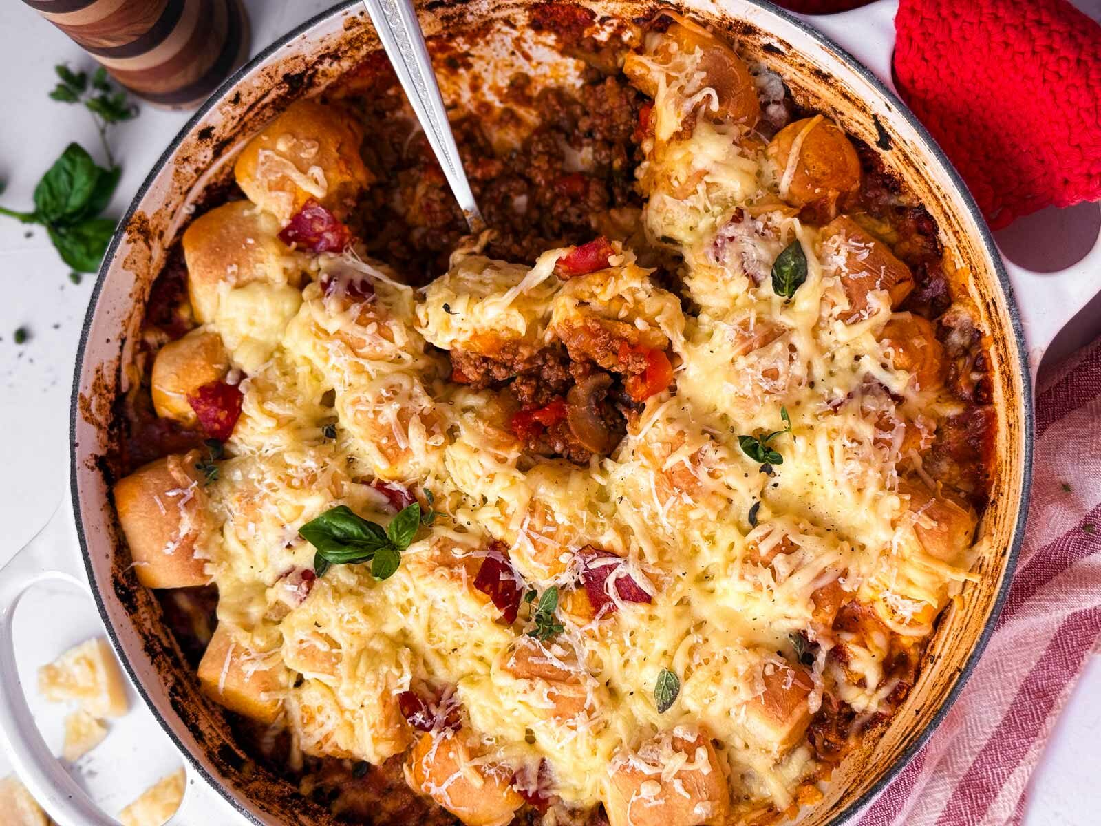 pizza casserole being served