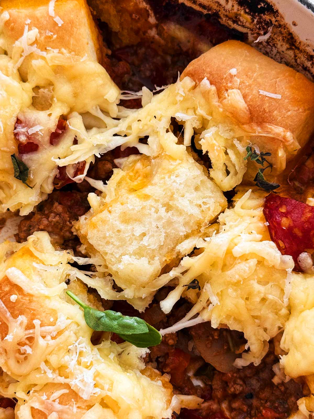 close up of pizza casserole biscuit