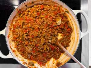 filling for pizza casserole in skillet