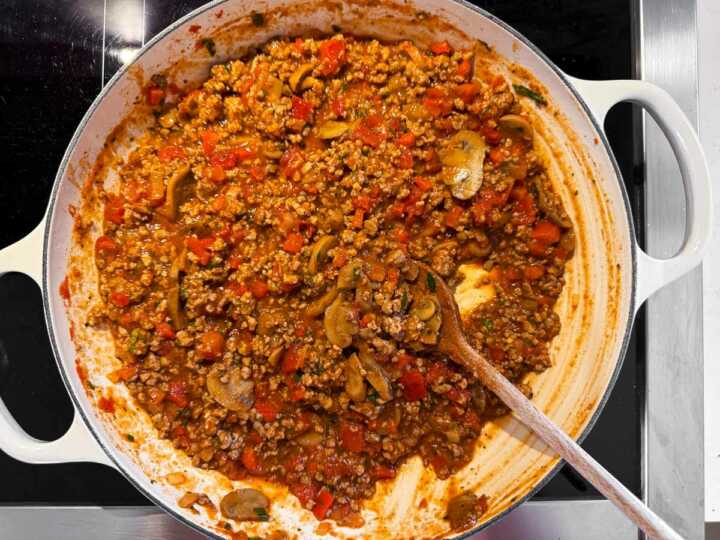 filling for pizza casserole in skillet