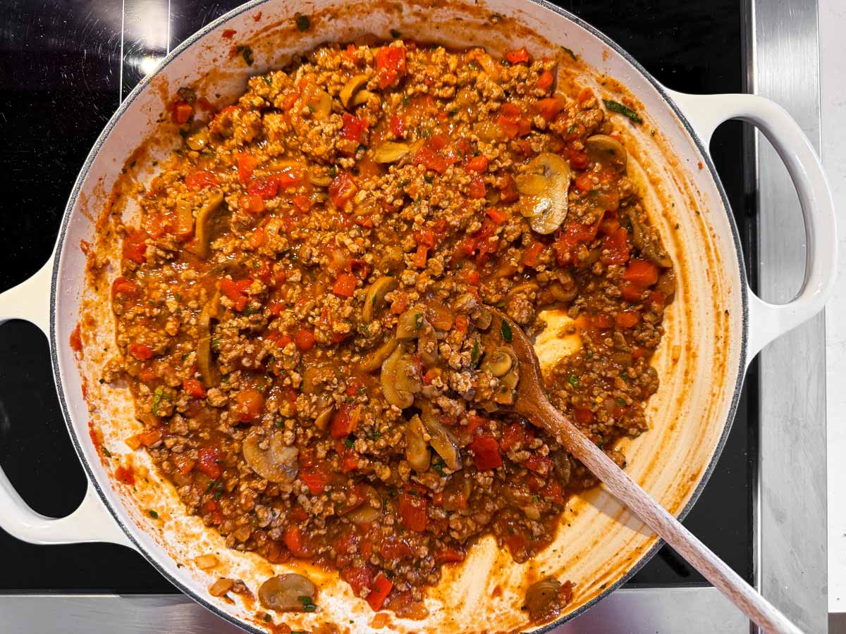 filling for pizza casserole in skillet