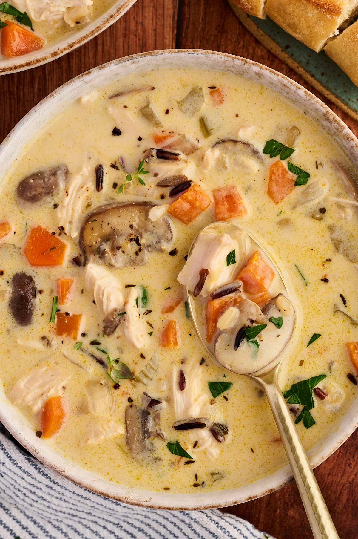 closeup of chicken and wild rice soup
