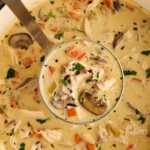 pot of wild rice soup with ladle
