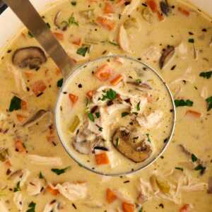 pot of wild rice soup with ladle