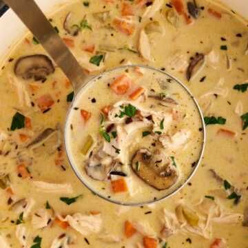 pot of wild rice soup with ladle