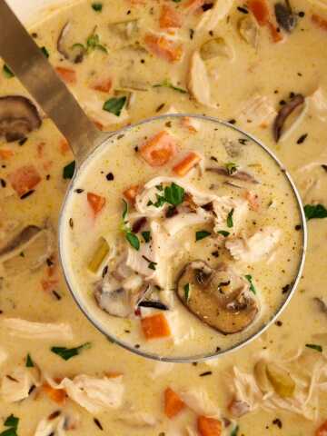 pot of wild rice soup with ladle