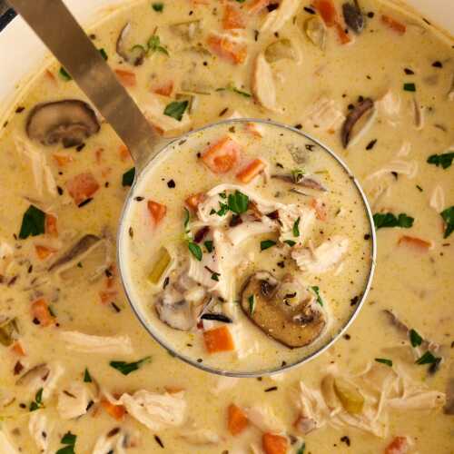 pot of wild rice soup with ladle