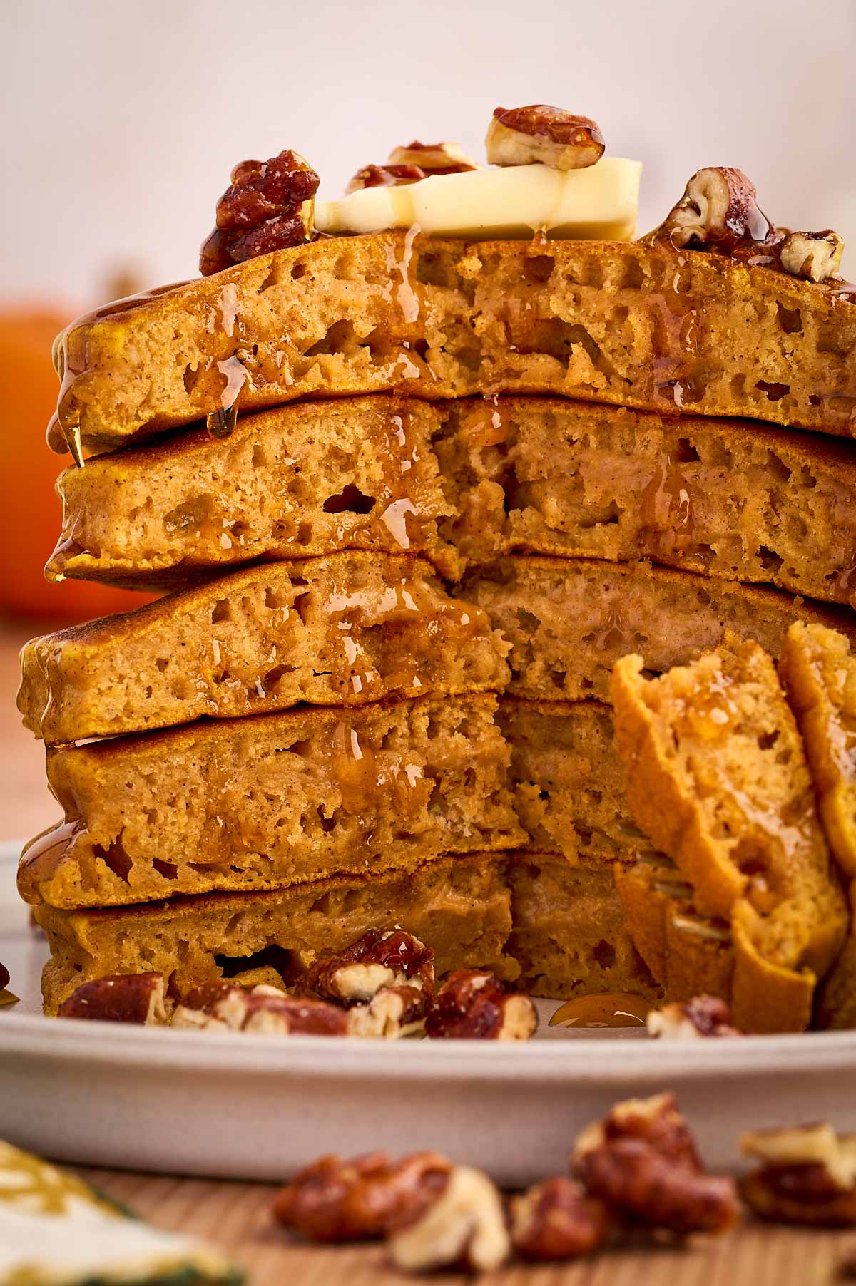 cut stack of pumpkin pancakes