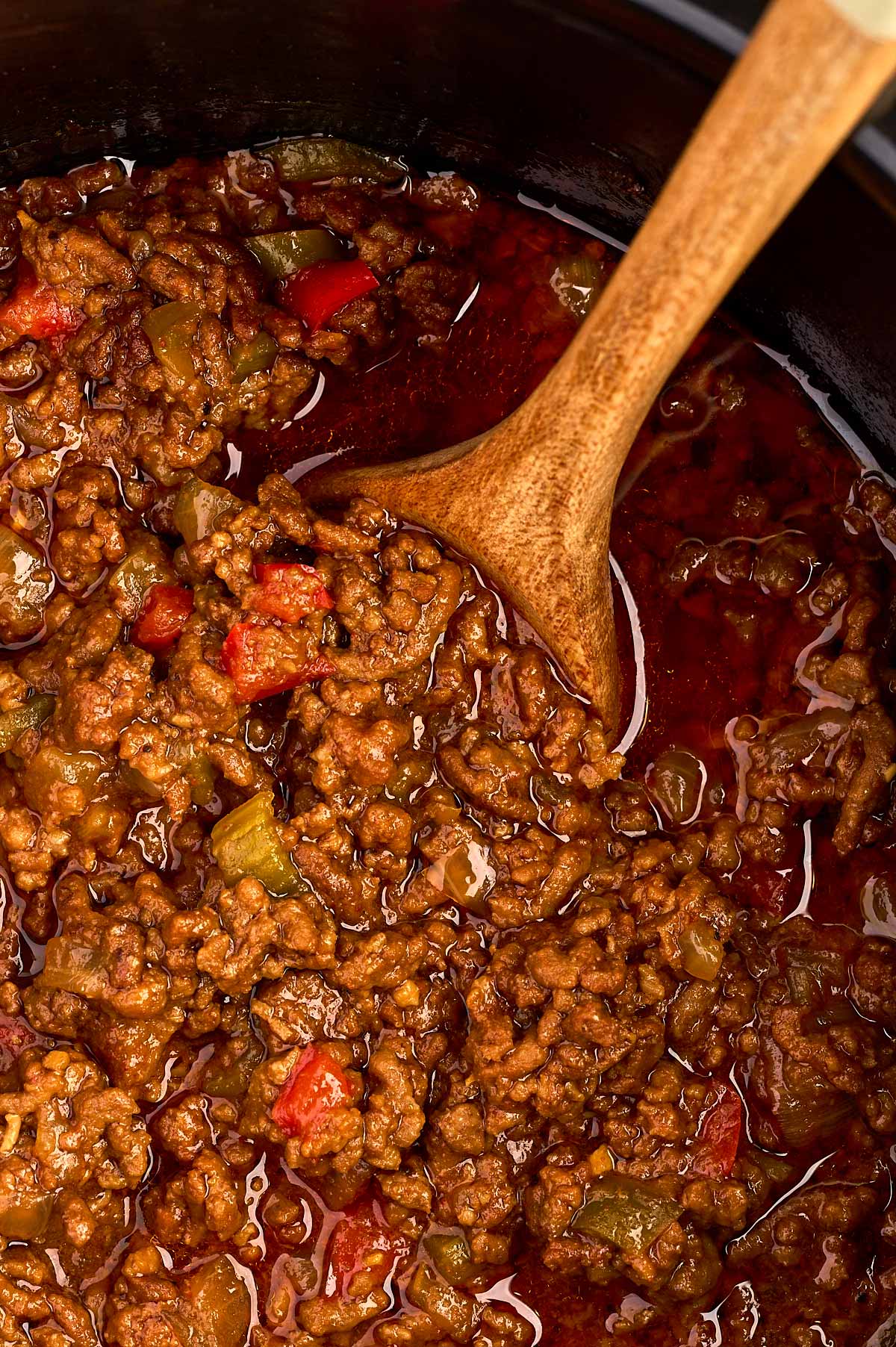 close up of sloppy Joe filling in slow cooker