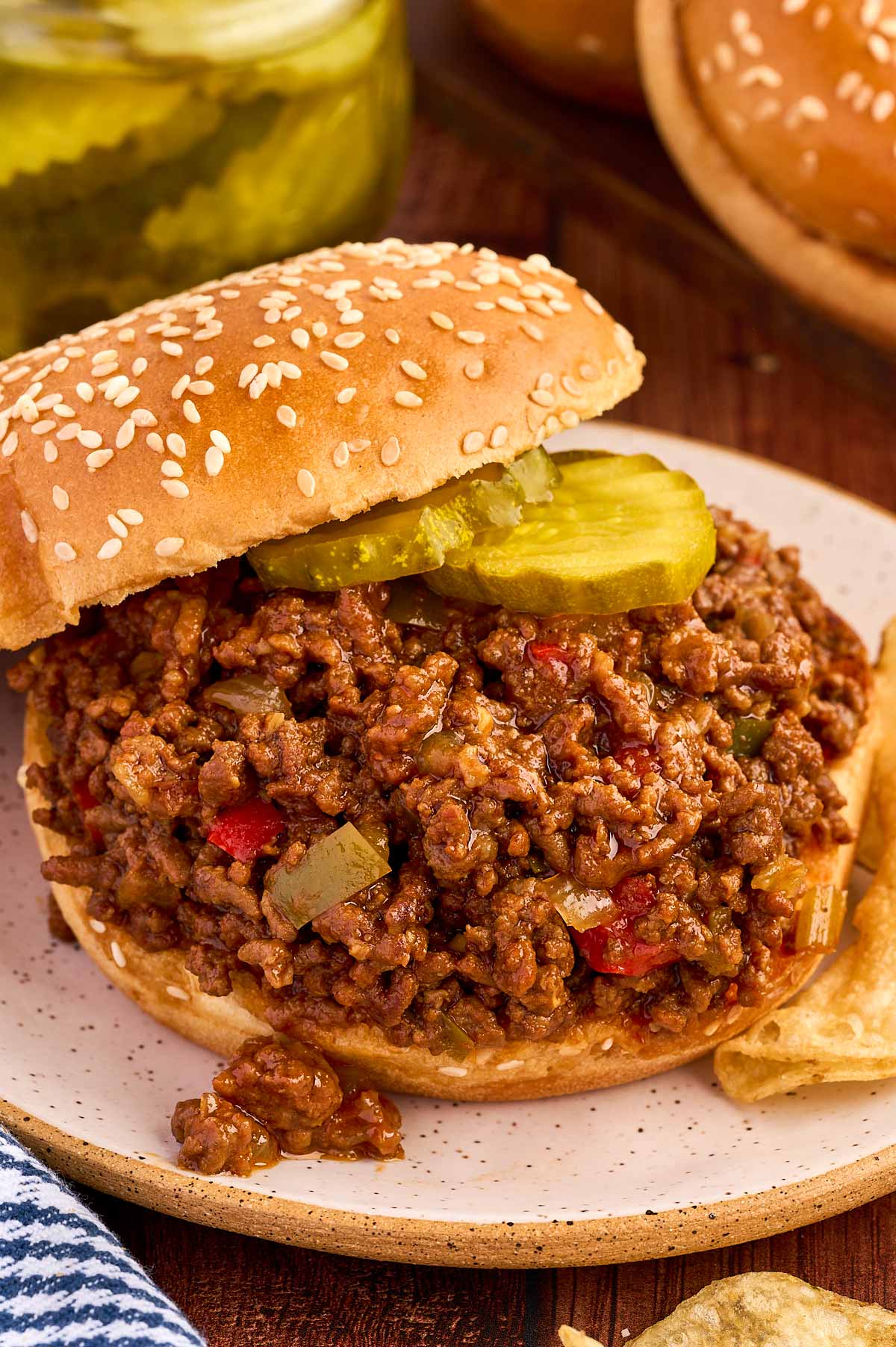close up of sloppy Joe sauce filled bun