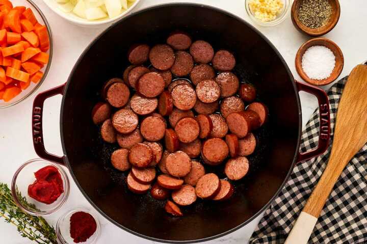 Browning the sausage.