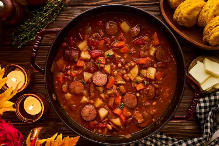 Serving the stew.