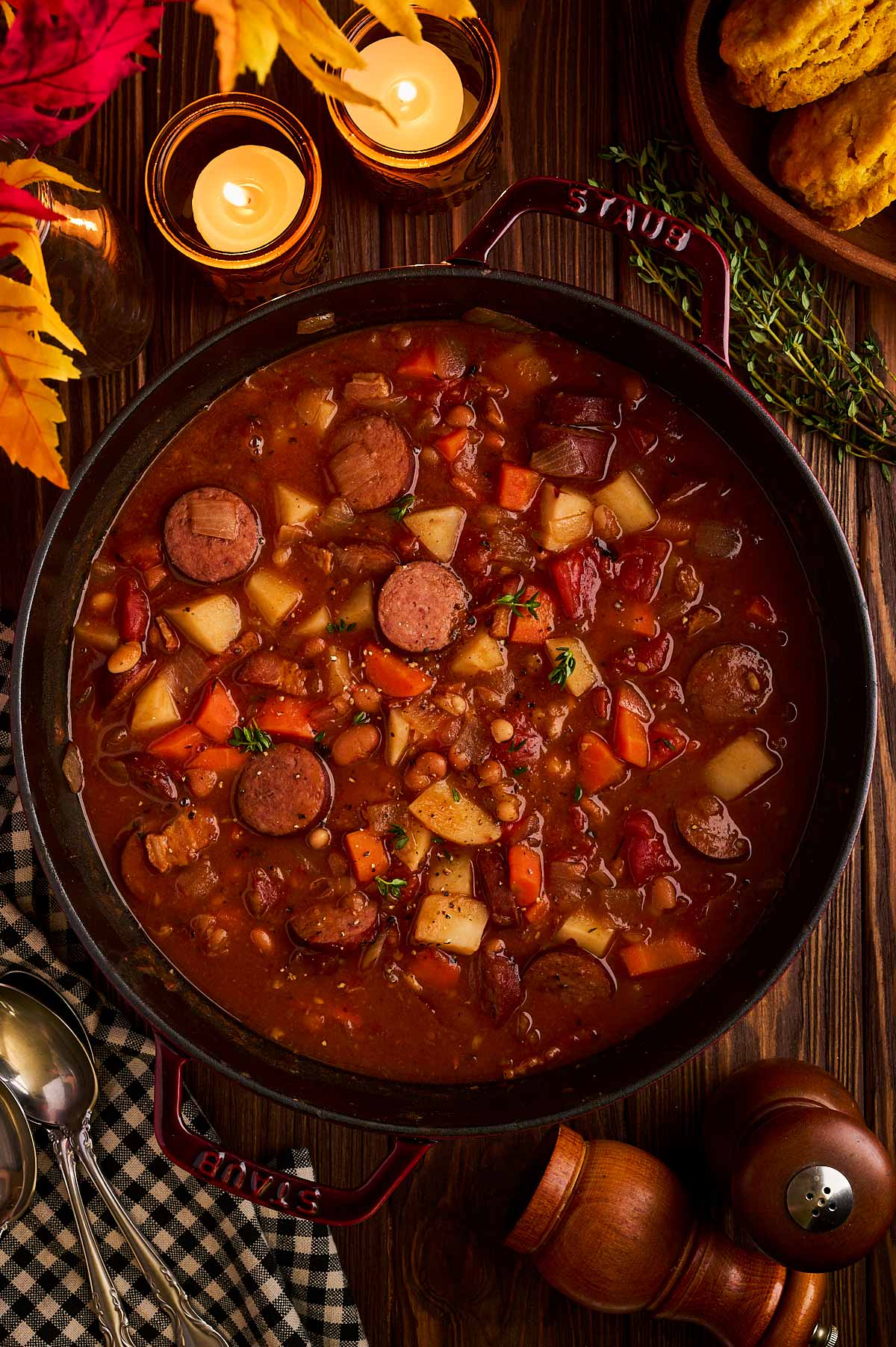 Serving bonfire stew on a cozy night.