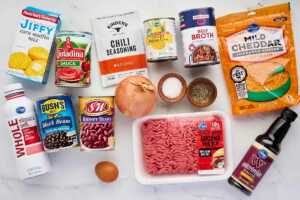 Groceries for chili cornbread casserole.