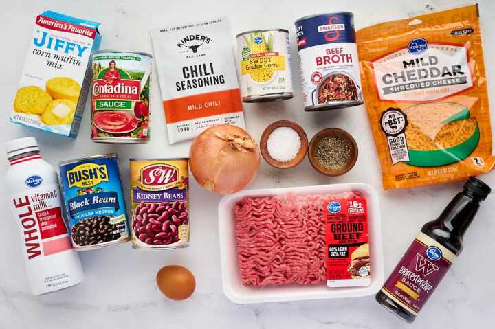 Groceries for chili cornbread casserole.