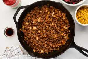 Browning beef and onion.