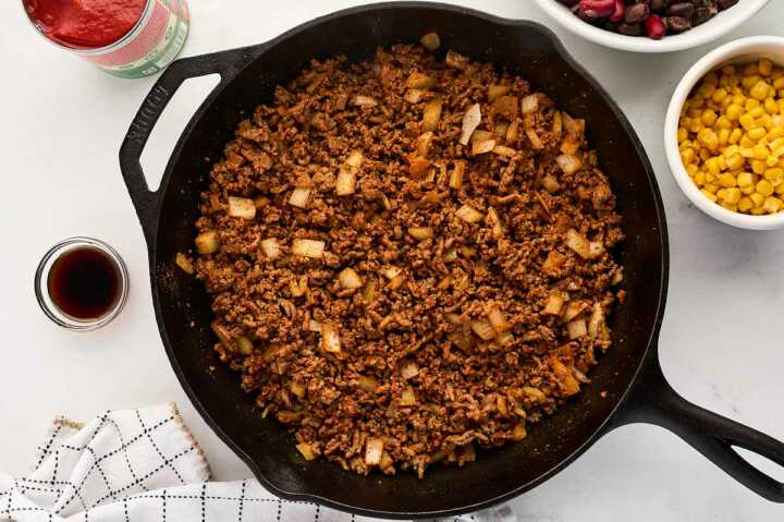 Browning beef and onion.
