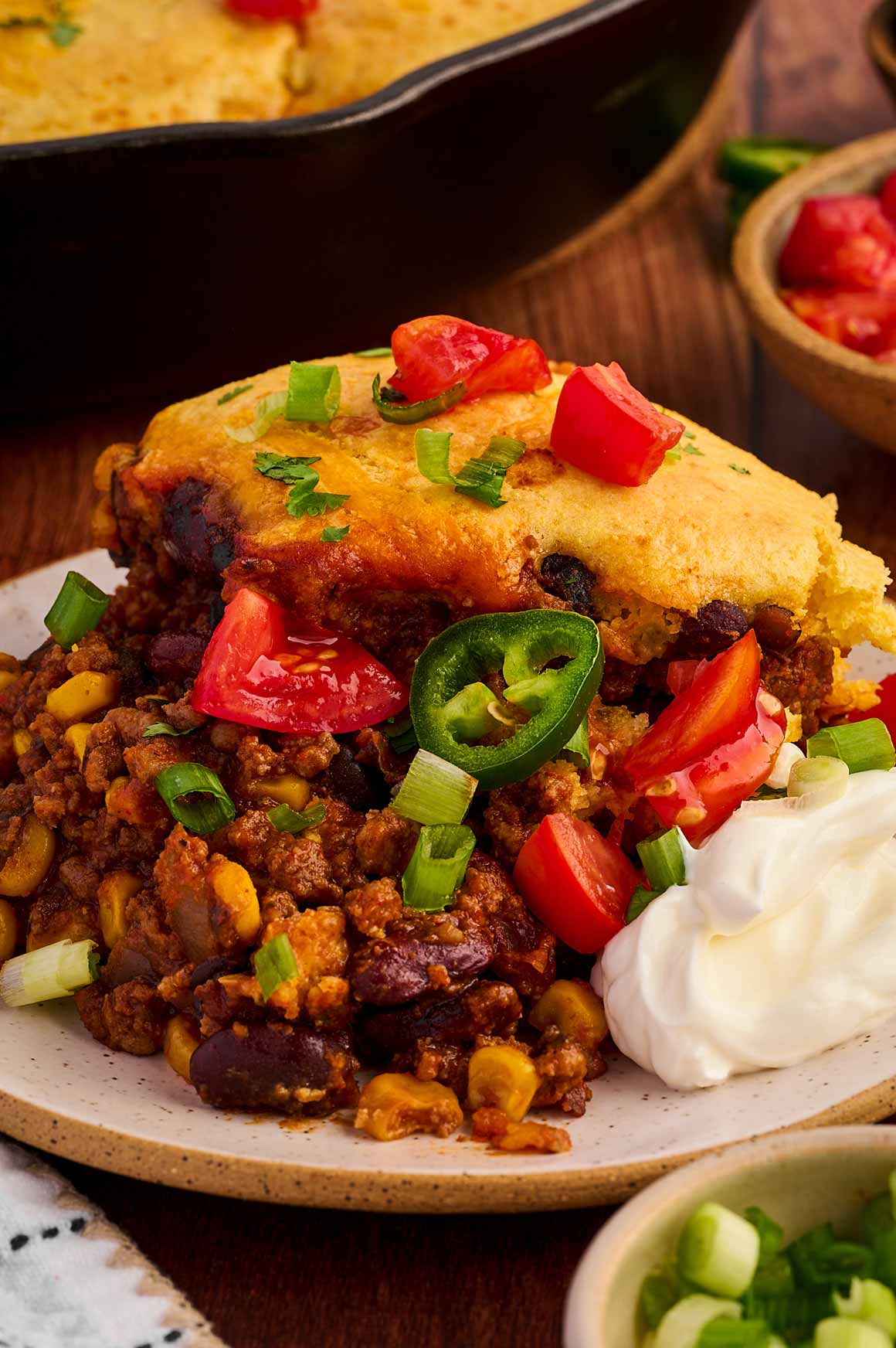 A serving of chili cornbread casserole.
