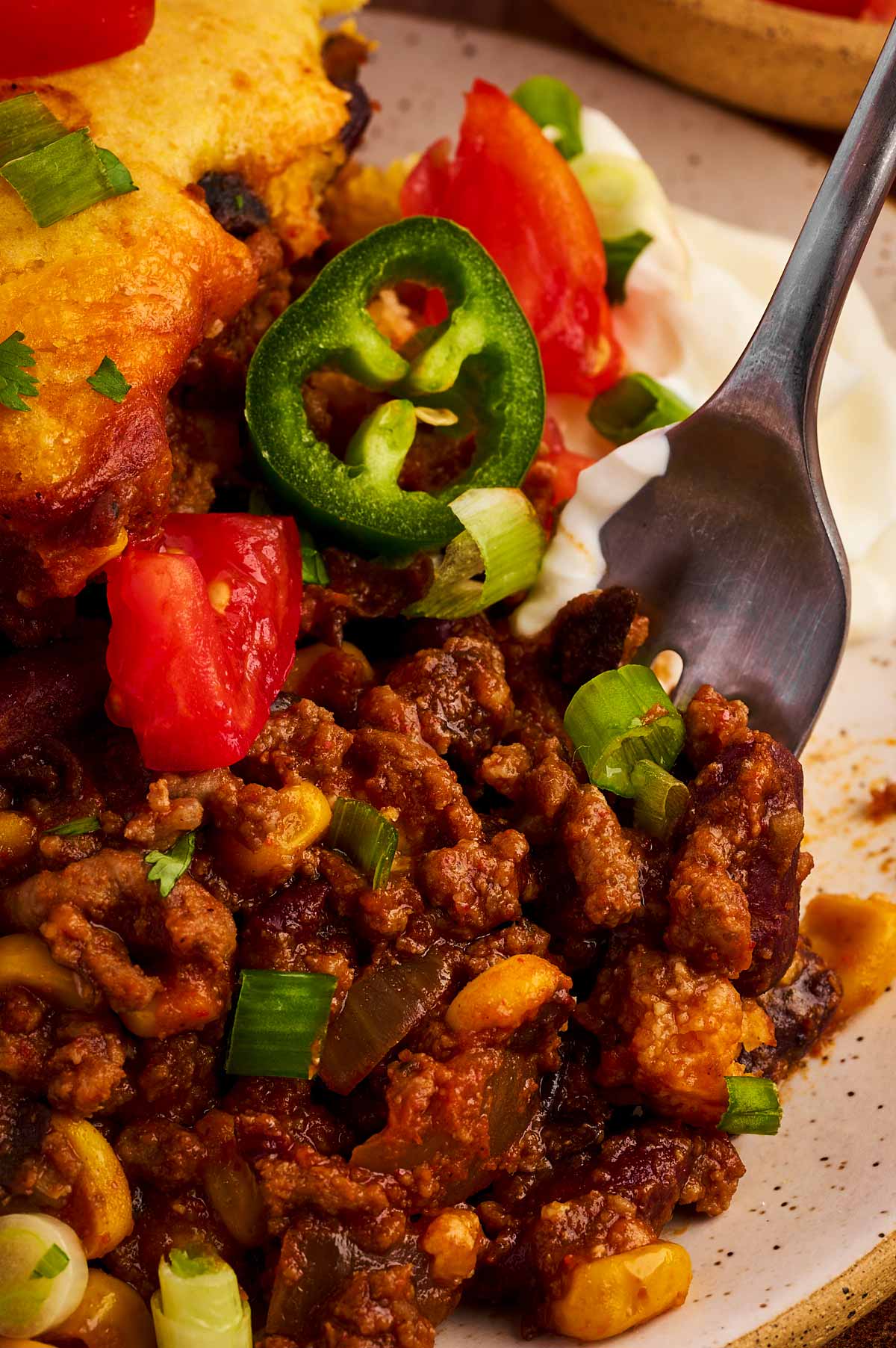The filling of this chili cornbread casserole is so delicious!