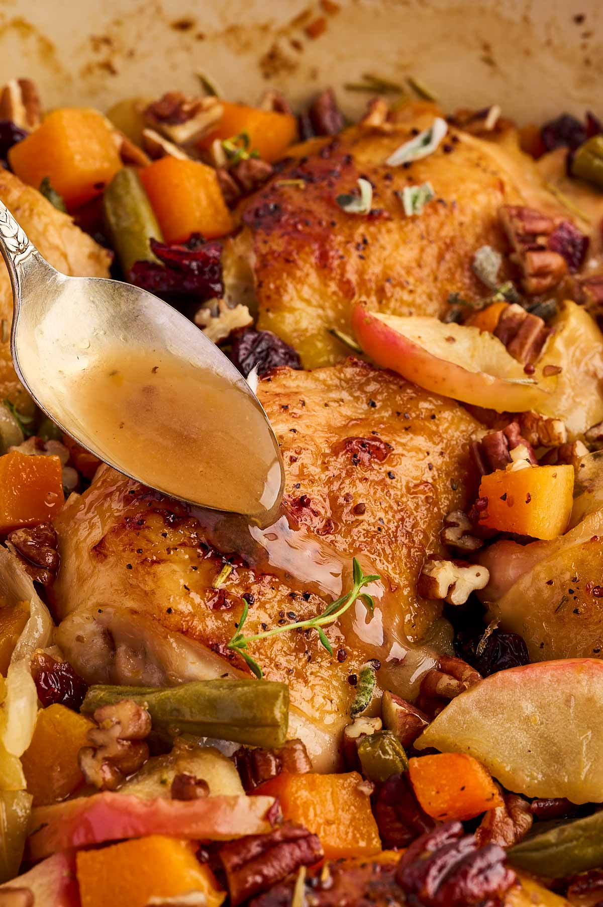 The pan juices are amazing drizzled over the chicken!